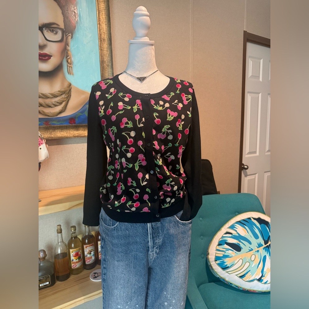 Rafaella Cherry Print Black Cardigan